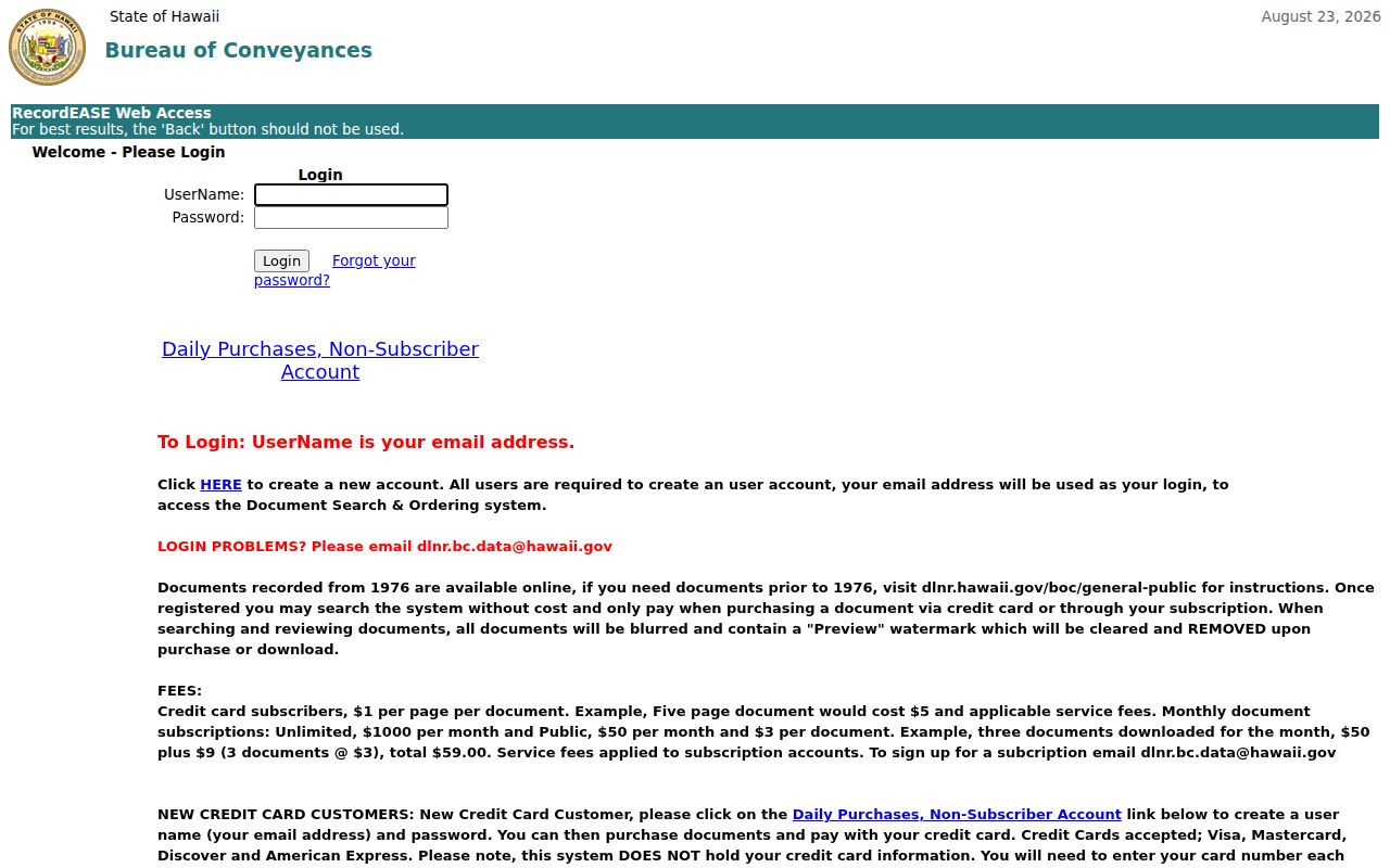 Bureau of Conveyances login and registration gateway for Kailua deed records