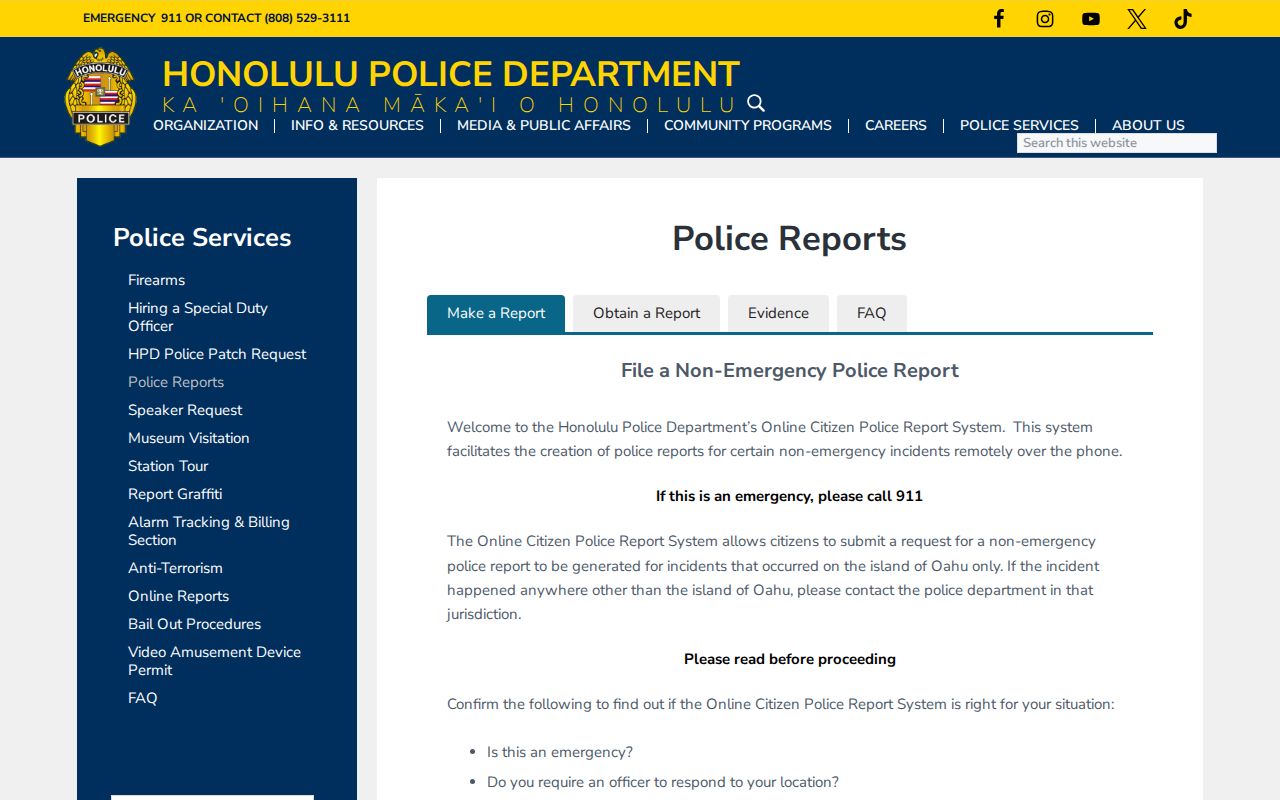 Honolulu Police Department report request instructions serving Kailua