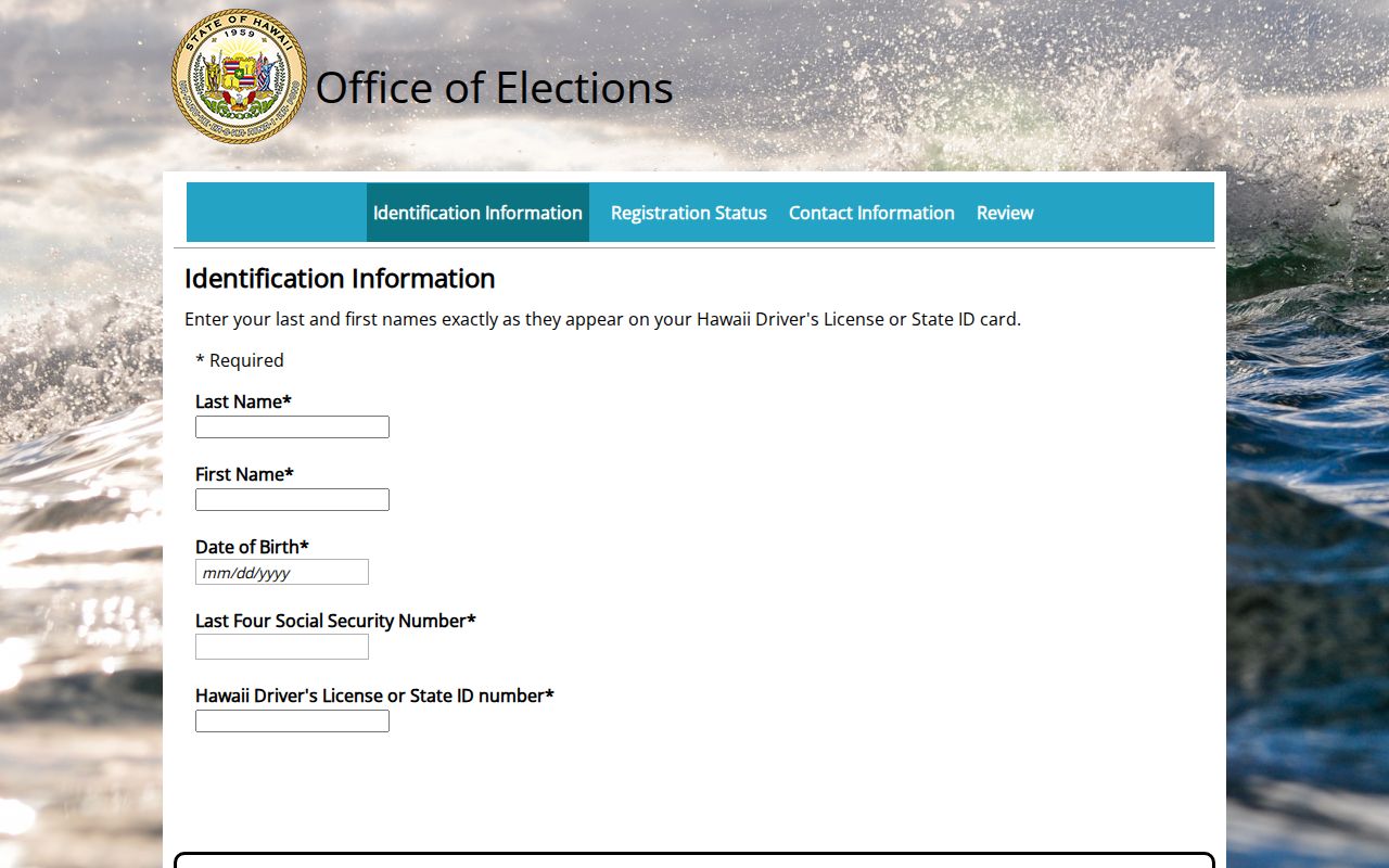 Hawaiʻi online voter registration identity fields used by Kailua voters