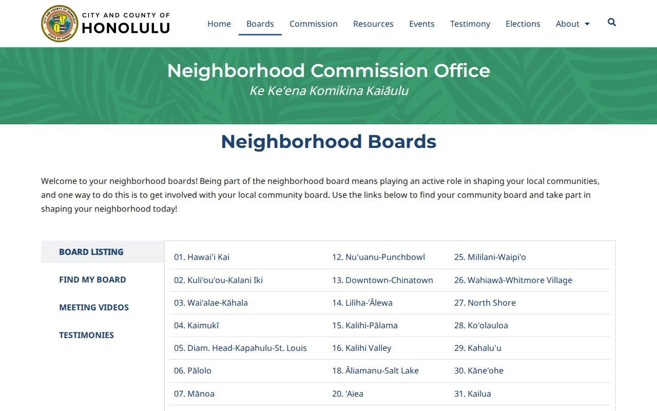 Honolulu neighborhood board directory for Kailua civic boundary research