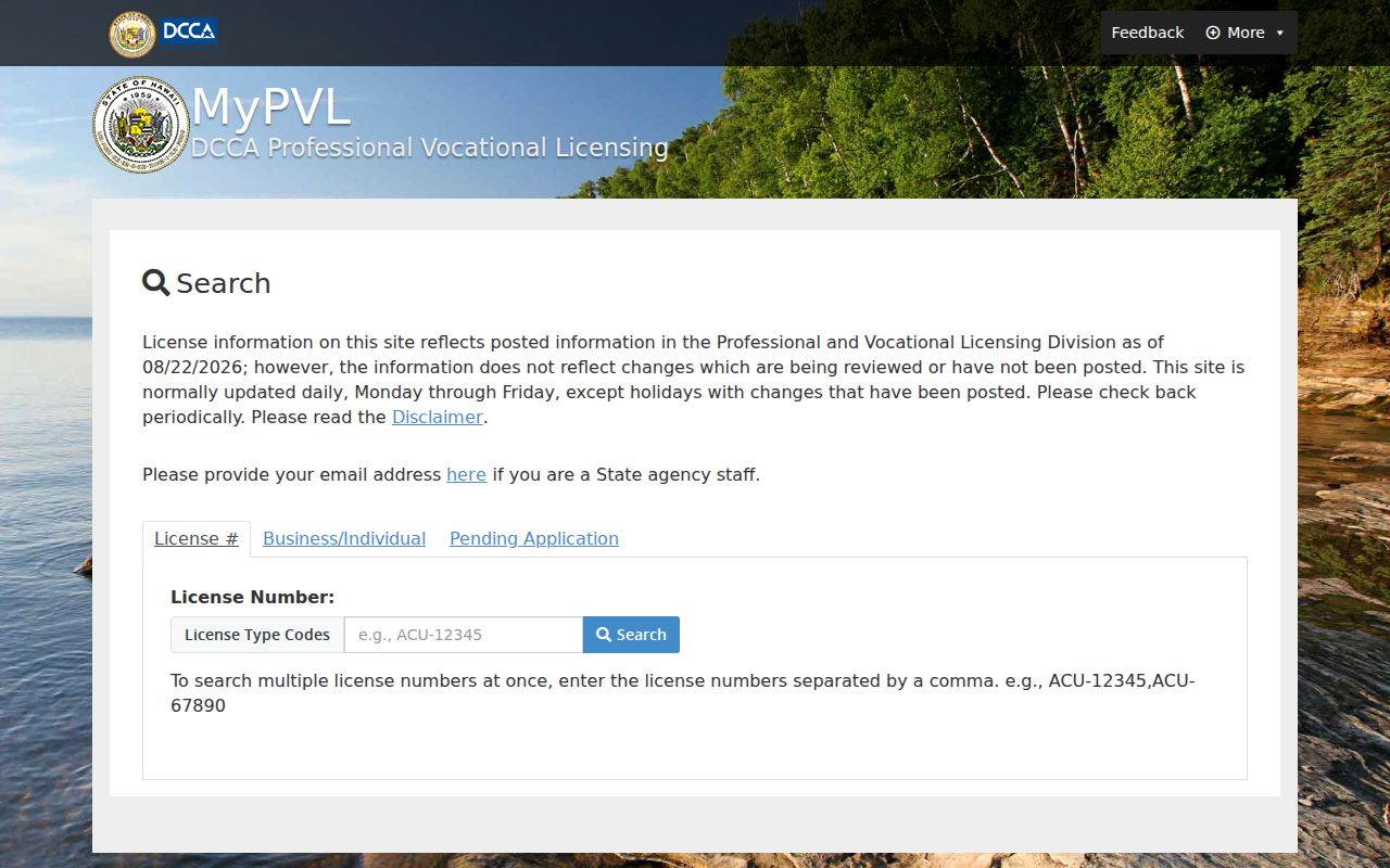 Hawaiʻi DCCA professional license search used to verify a public professional role