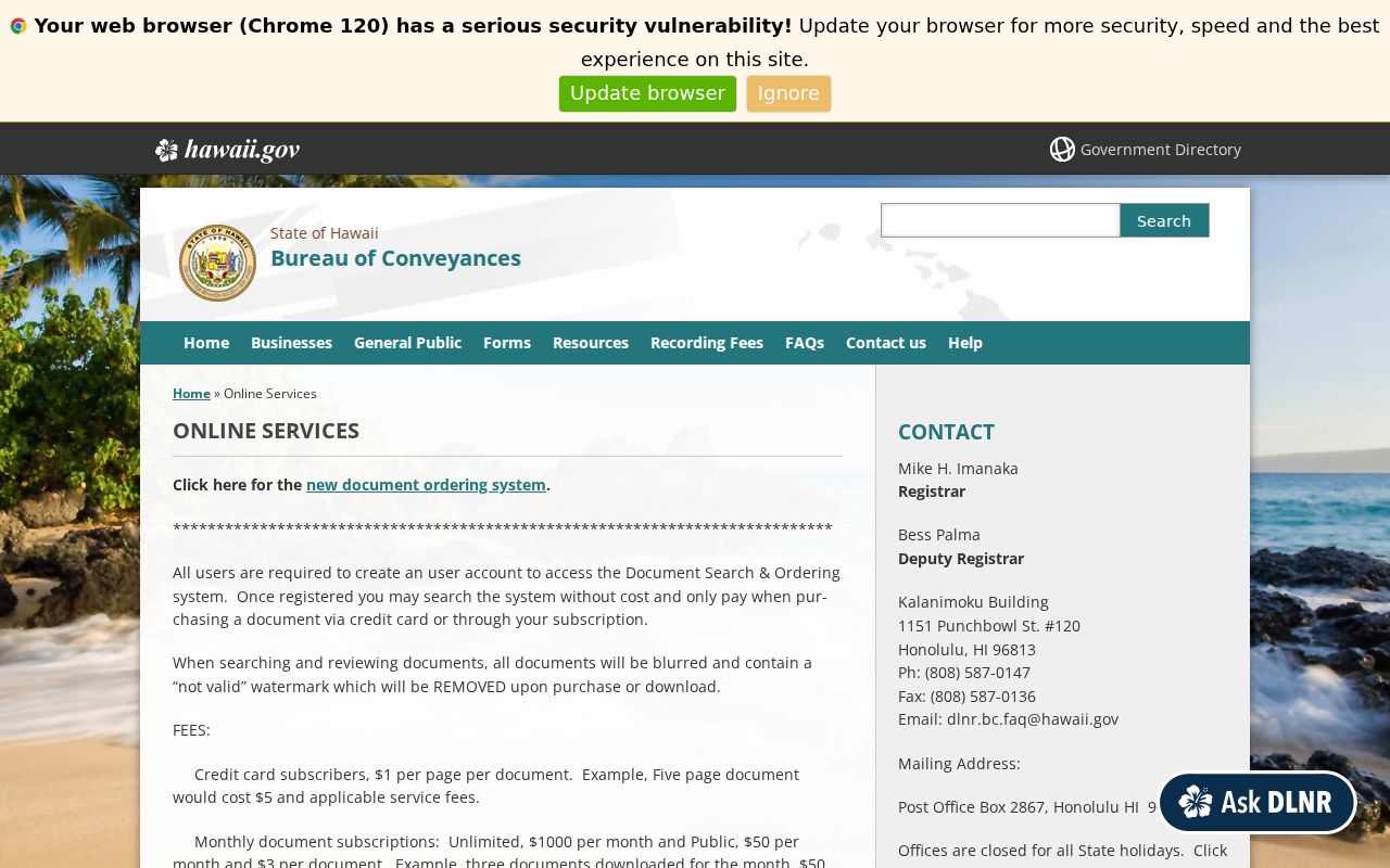 Hawaiʻi Bureau of Conveyances online services information used for Kailua address history