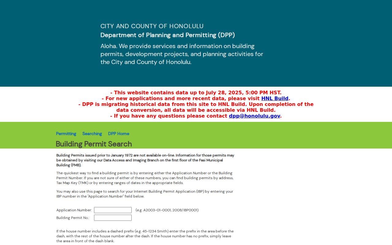 Honolulu DPP permit search fields for Kailua address and TMK searches